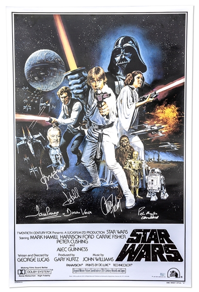 Star Wars Cast-Signed Movie Poster -- Signed by Mark Hamill, Carrie Fisher, Harrison Ford, and Darth Vader, C-3PO and Chewbaccas Characters